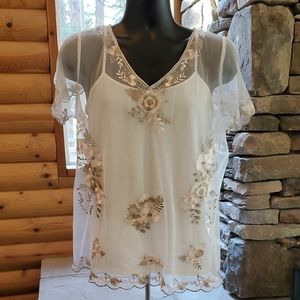 MIDNIGHT VELVET XL Floral Embroidered Sheer White Top